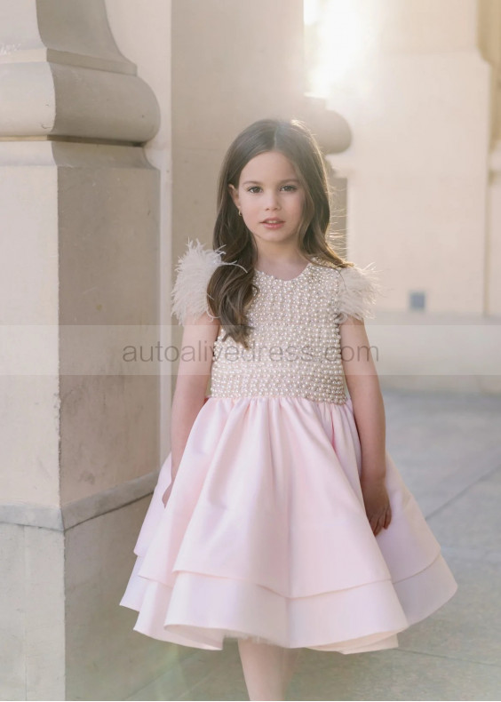 Light Pink Satin Pearl Embellished Flower Girl Dress